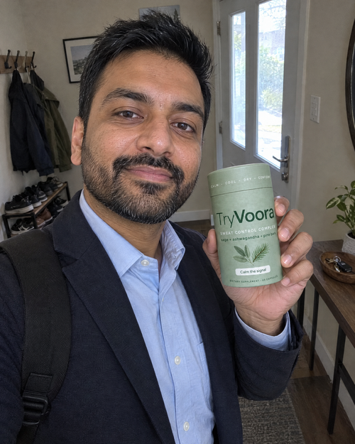 Customer holding Voora before work