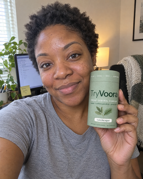 Customer holding Voora at her home office